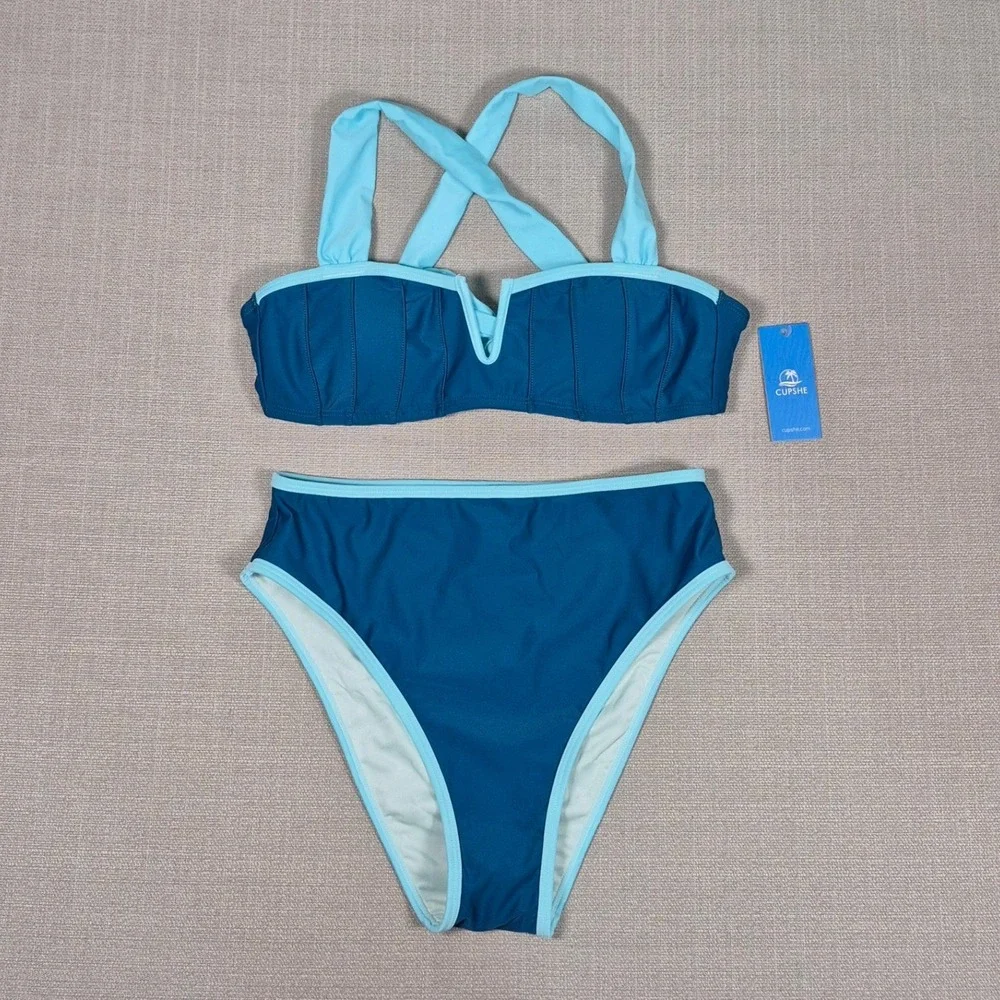 Cupshe Womens High Waisted Bikini Set Teal Blue Sweetheart Neck Size S‎ NWT